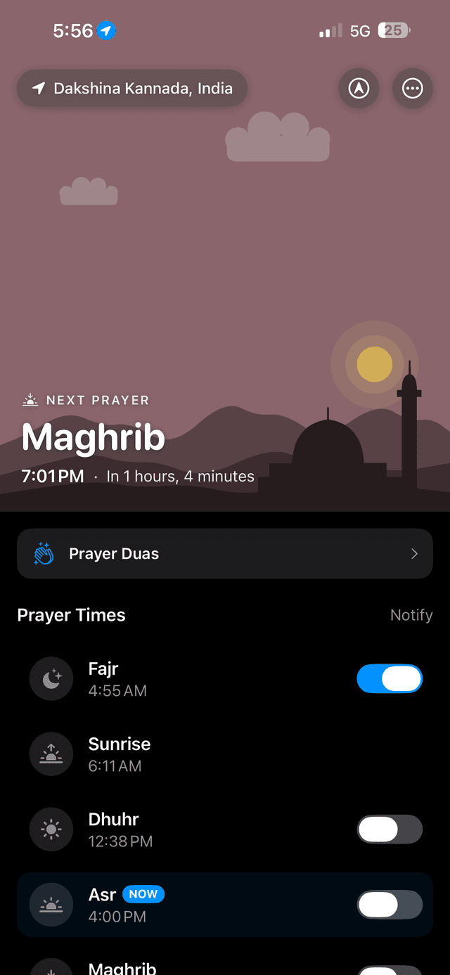Azaan home screen showing the next prayer countdown and today's prayer times