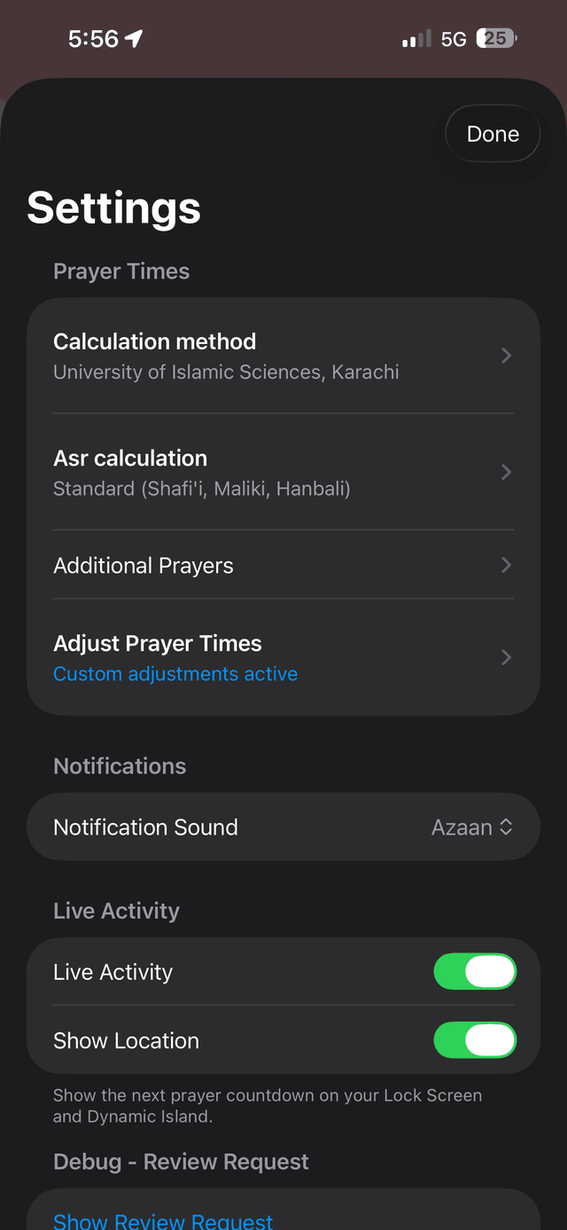 Azaan settings for calculation method and notifications