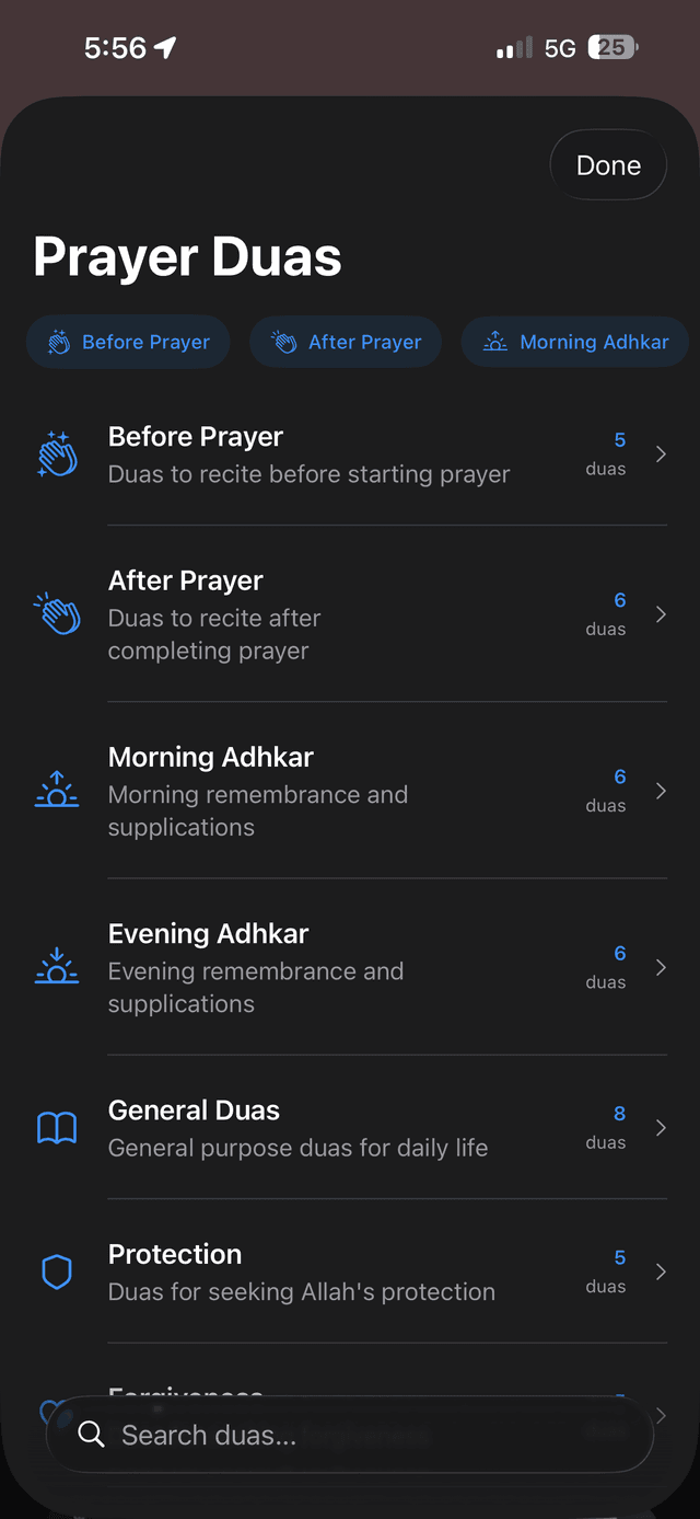 Azaan prayer duas organized by category
