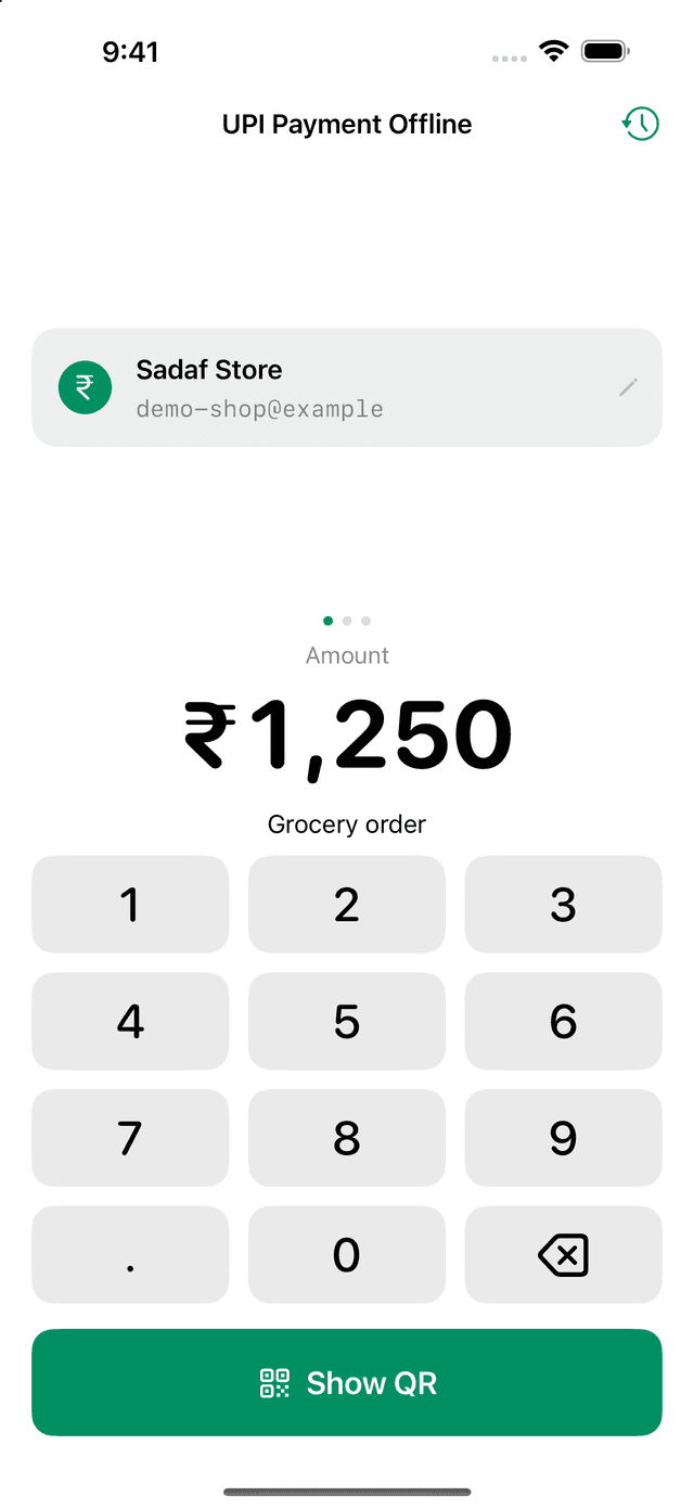 UPI Offline keypad with ₹1,250 entered and a Grocery order note