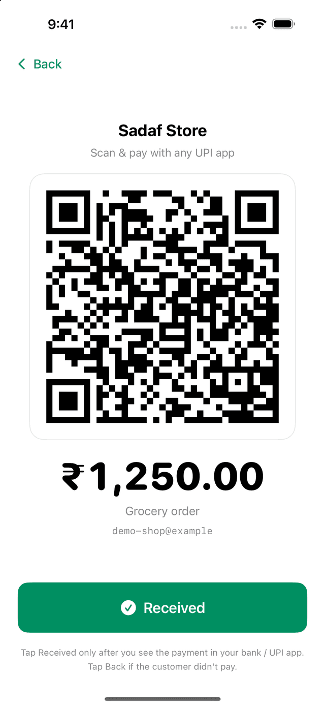 UPI Offline showing a payment QR code for ₹1,250.00 with a Received button