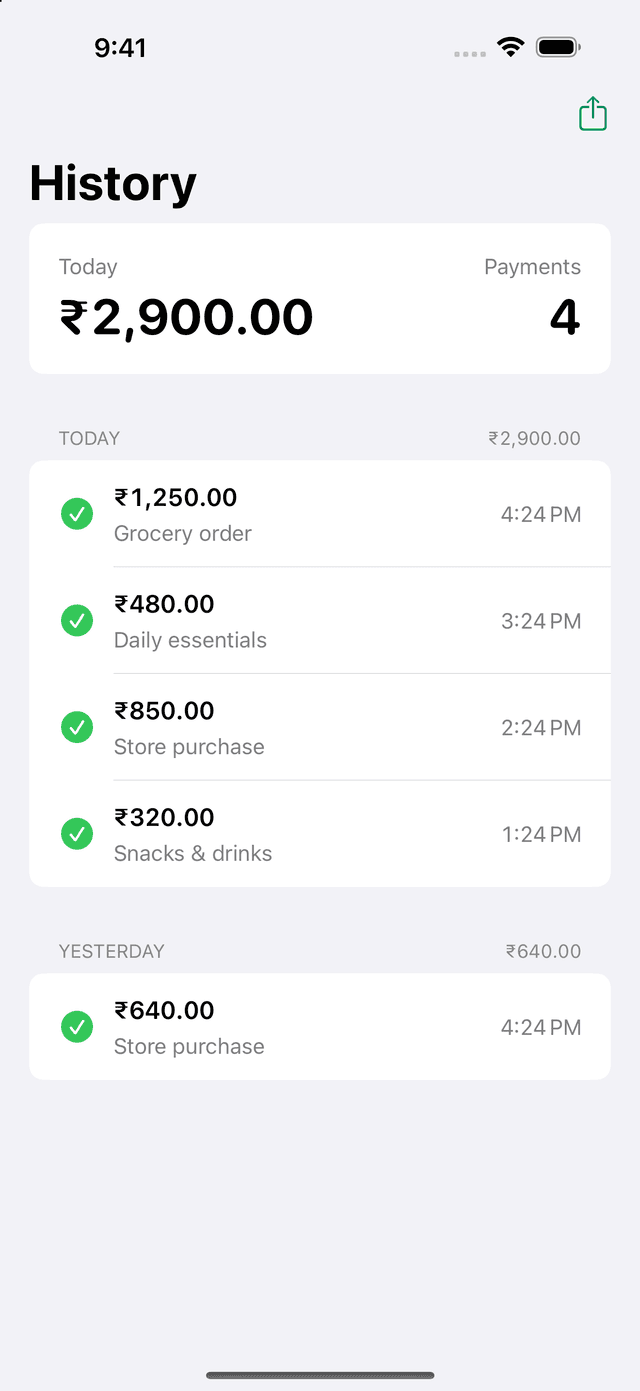 UPI Offline history with today's total and a list of received payments