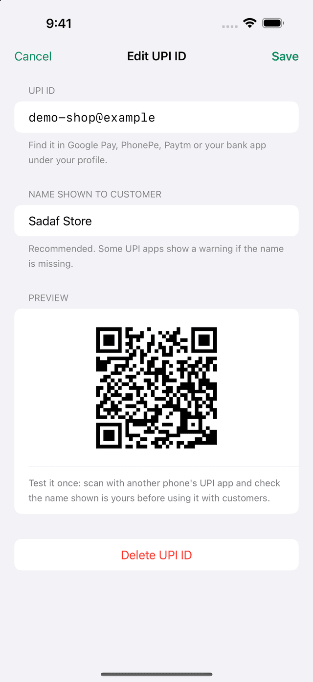 UPI Offline editing a saved UPI ID with a QR preview